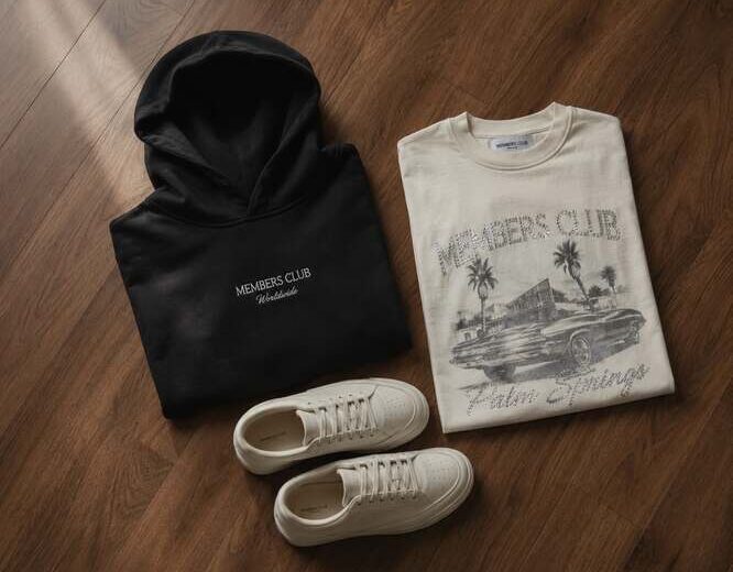 Flat-lay of a folded stussy hoodie, white sneakers, and a graphic tee on a wooden floor.