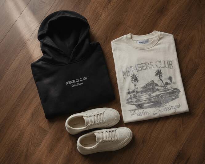 Flat-lay of a folded stussy hoodie, white sneakers, and a graphic tee on a wooden floor.